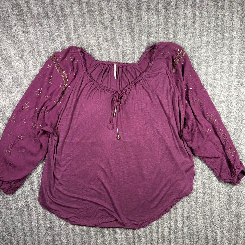 Free People Blouse Womens Small Purple Boho Embellished Tassel Peasant Top
